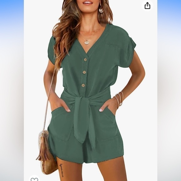 V Neck Casual Button Belted Rompers Short Sleeve Wrap Beach Short with Pockets - Picture 1 of 5